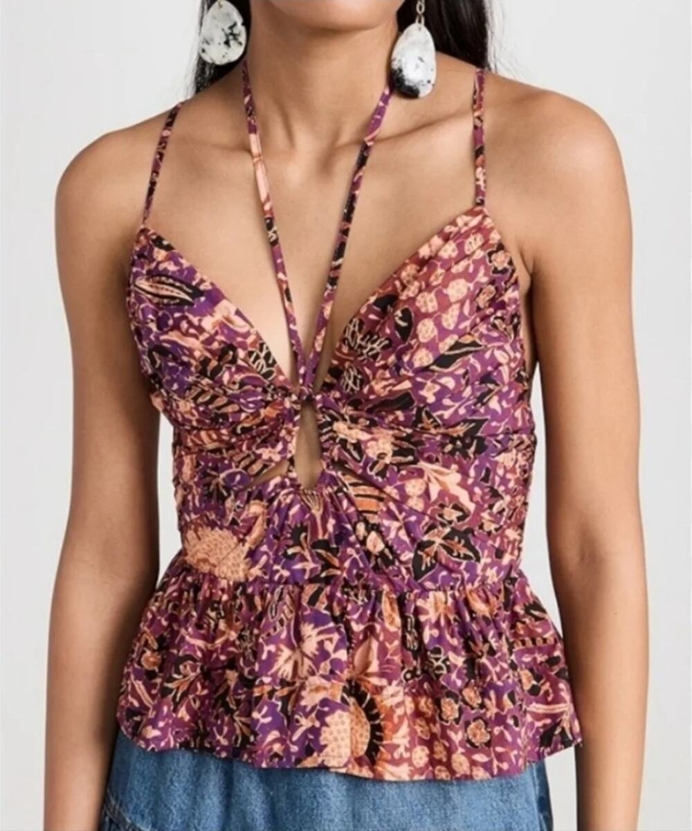 Ulla Johnson Essie Top Black Currant Floral Halter Peplum Cutout Top Cotton Sz 6